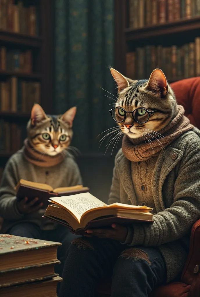 Cats reading books and crying 