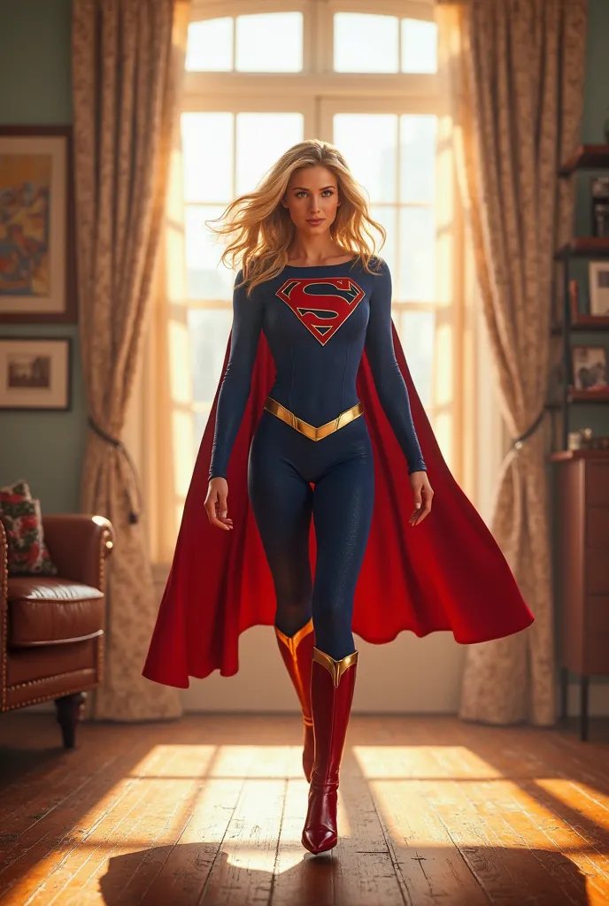 A dramatic scene of Supergirl (Kara Zor-El) from the TV show flying through her apartment window and landing in her living room, wearing her full Supergirl costume. 