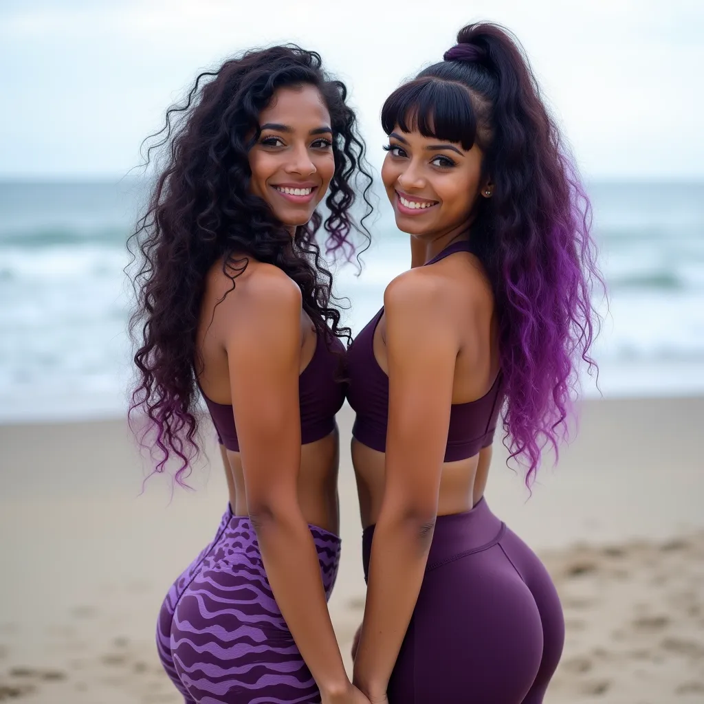 a beautiful Indian lesbian couple, detailed facial features, long eyelashes, big breast size, in tight yoga pants with her long curly hair, purple 
 hair,hair bun ,doing yoga, beach,blush bangs, fishnet bodystockings 