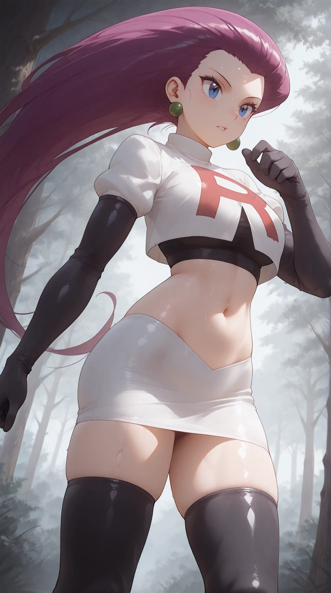 1girl, jessie, \(pokemon\), (ultra HD quality details), blue eyes, hair slicked back, purple hair, team rocket, team rocket uniform, black gloves, elbow gloves, white skirt, crop top, thighhighs, black thighhighs, 

, at day,sunny day, shiny skin, shiny cl...