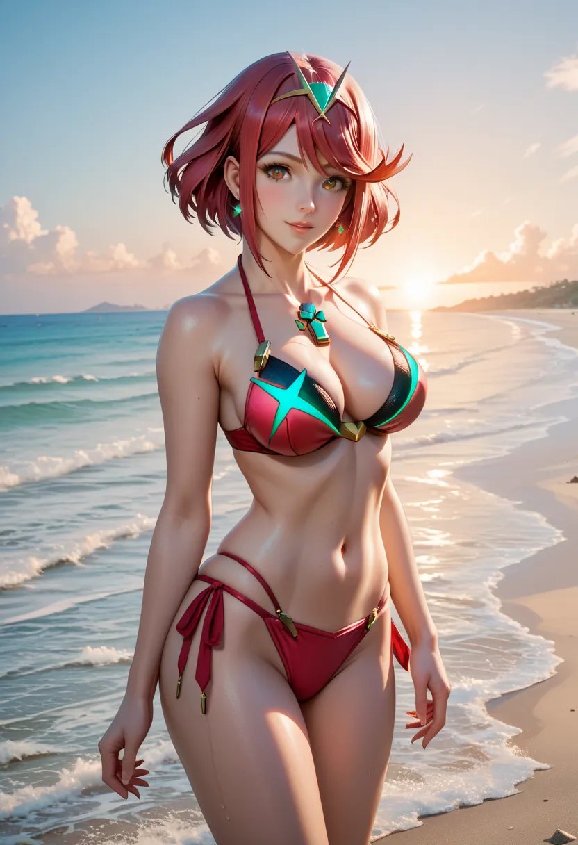 score_9, score_8_up, score_7_up, (masterpiece, ultra detailed), Highly detailed facial and skin texture, source_anime, 1girl, adult female, sexy, pyra, xenoblade chronicles, bikini, look at viewer, beach, sunset, cinematic lighting 