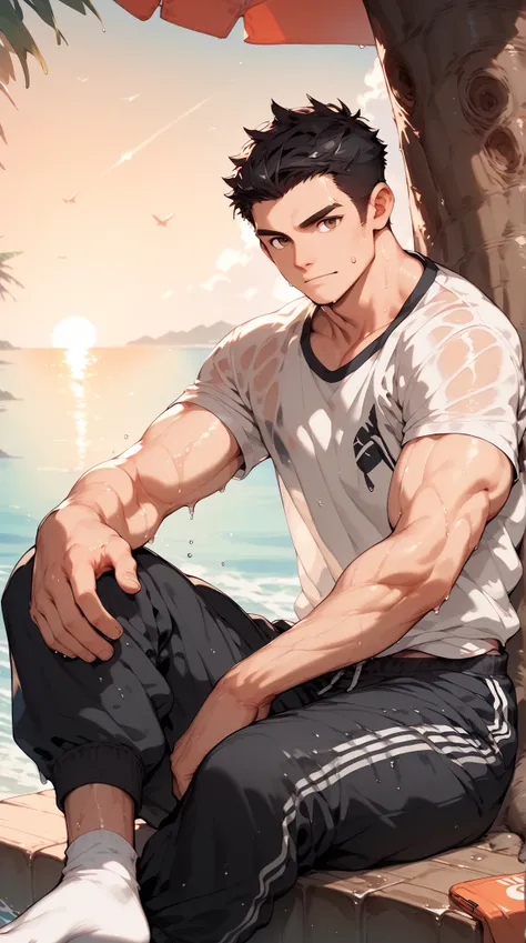 a handsome man,Black Hair,Abdominal muscles,brown eyes,wet white short sleeve,Sweatpants,seaside,Sunset,Sitting under a tree, There is a light yellow stain on the bottom of the white socks ,(( only one person)),Clear
