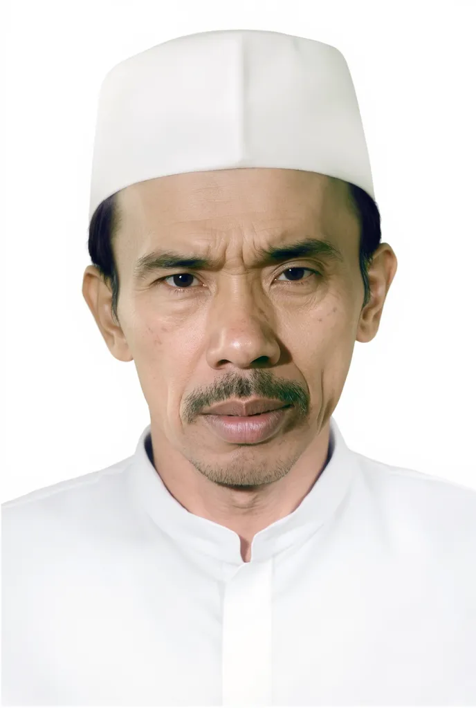 35 year old Indonesian man wearing white Muslim clothing and white cap