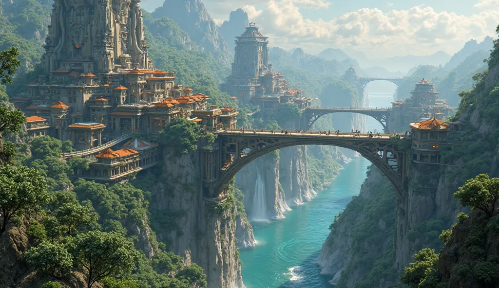 A futuristic city built on floating islands connected by glowing bridges, with lush forests and waterfalls, highly detailed, vibrant colors.