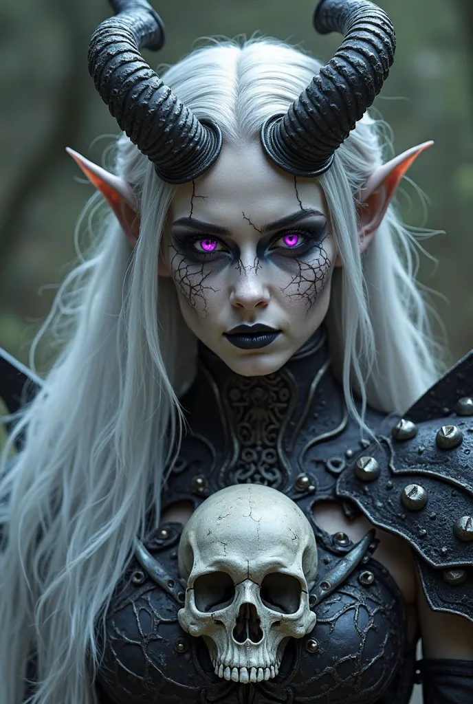 Create an image of a fantasy character with long, flowing silver hair and striking purple eyes. The character has intricate facial makeup featuring cracked patterns and dark lips, giving them a mysterious and eerie appearance. They wear a dark, detailed ou...