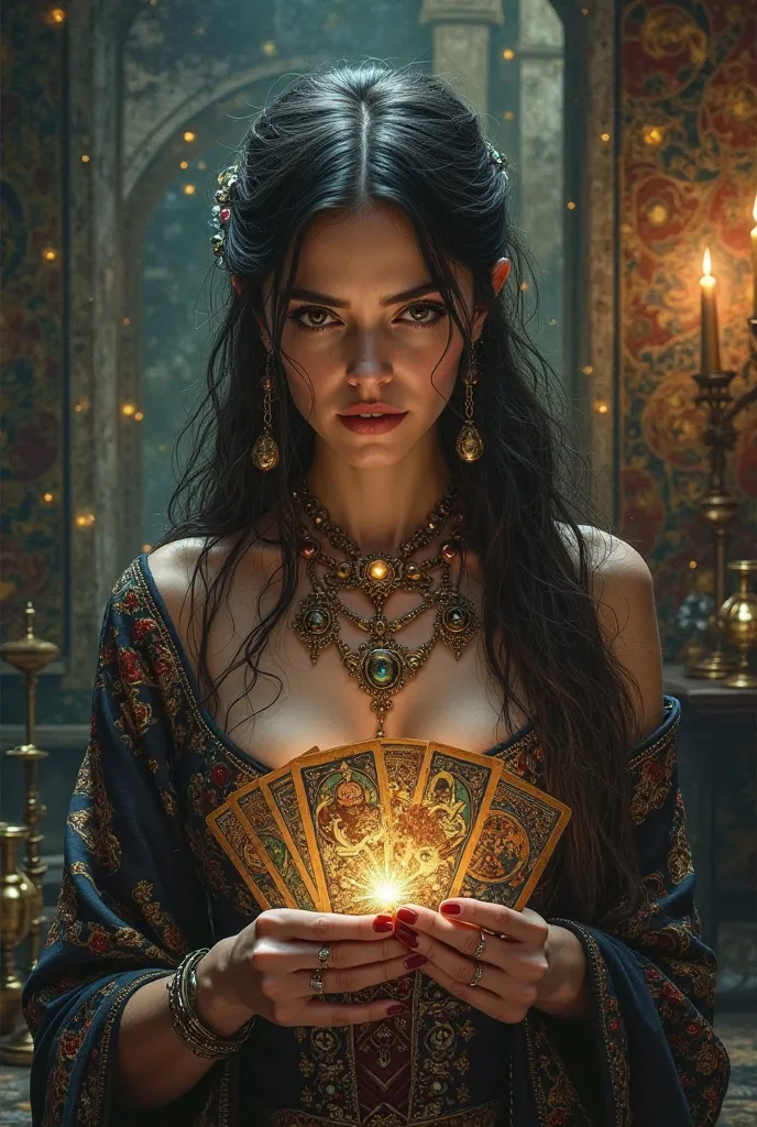 An image that represents a female AI who is dedicated to reading tarot, It could have gypsy characteristics