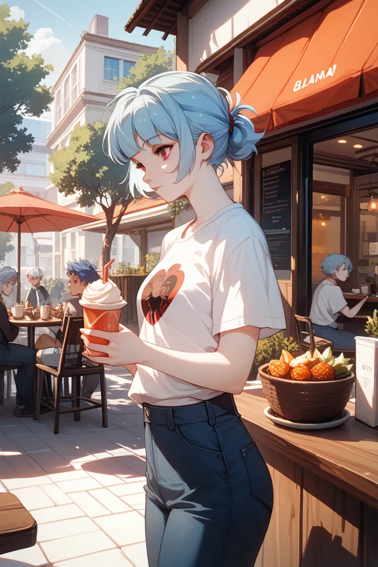 short hair, light blue hair tied at the top, red eyes, t-shirt, standing,  blanking,  white skin, outdoor, Cafe, viewers, 1990s (style),  --rainbow 5 --ar2:3
Mijikai