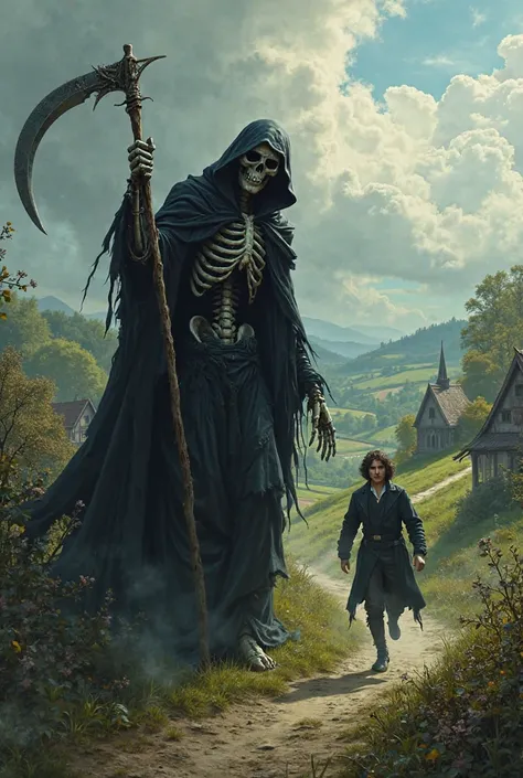 a grim grim reaper stalking a man in love from the 16th century in the countryside