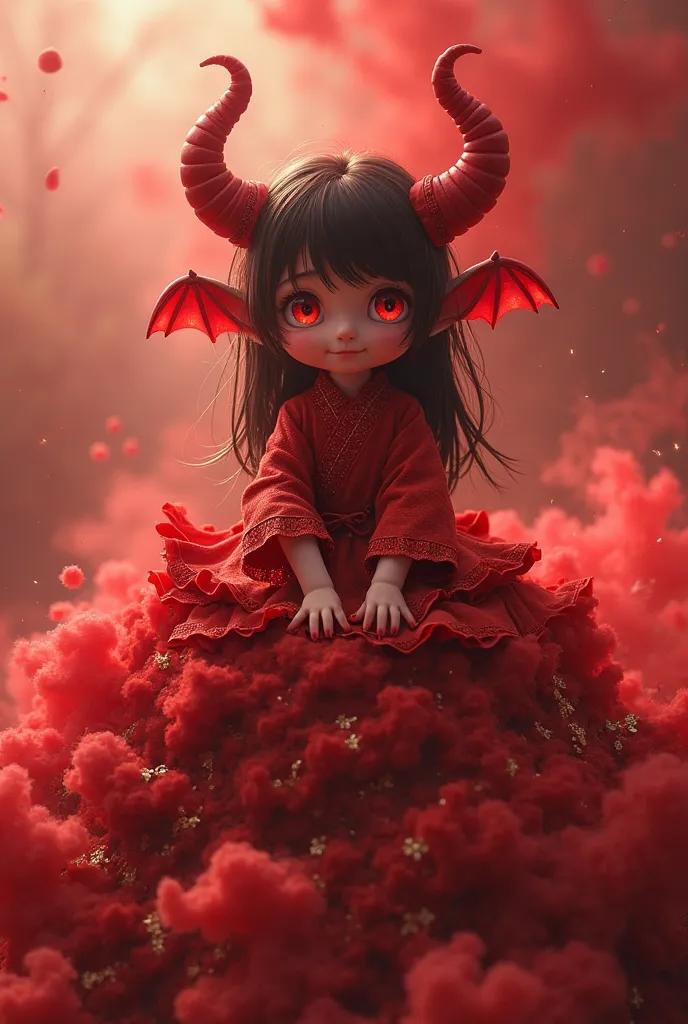 A dynamic image of a 25 years old cute female girl demon with big round eyes. Who wants to be evil but is actually too cute and adorable, she is sitting on a mountain formed by a pile of red cushion, edged with gold. Red smoke swirls around her body 