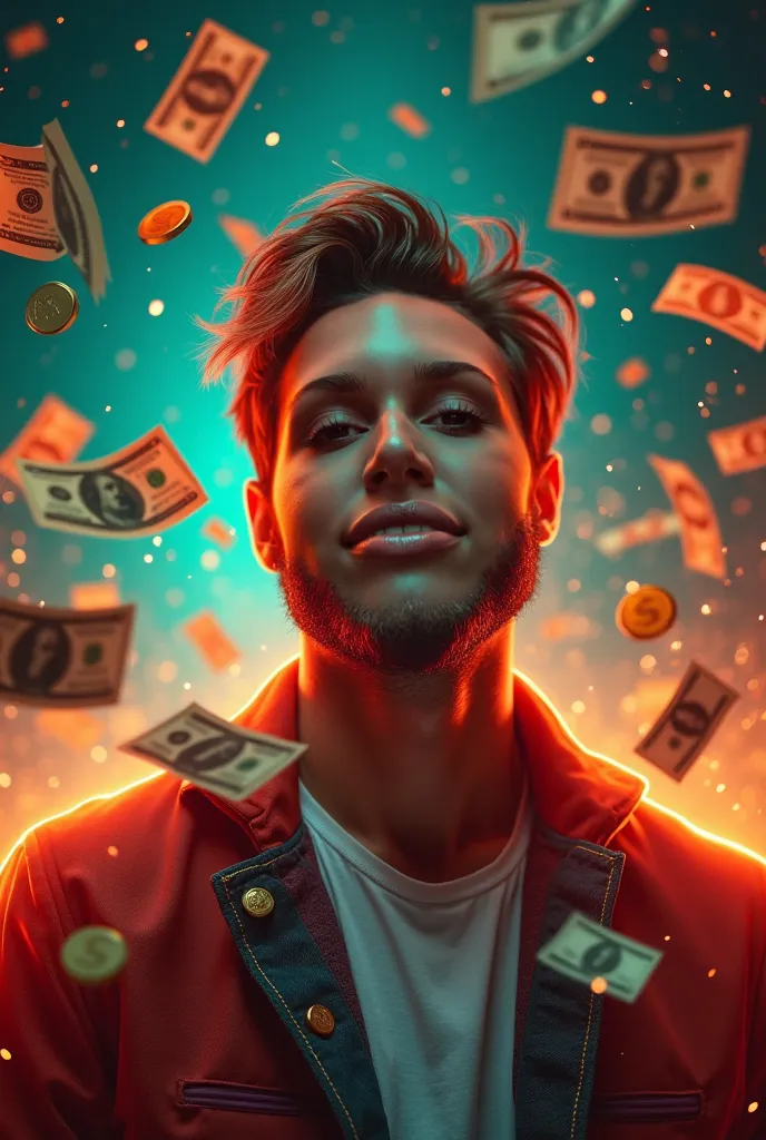 Create a bright and eye-catching banner a man with a picture of money. The background must be rich and colorful,  with gradients , with sparks and lighting effects. Banknotes and coins should look realistic, possible, with the effect of falling or flying m...