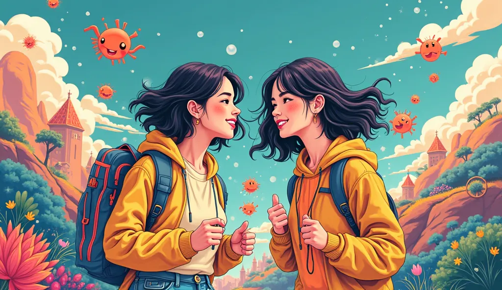 A Japanese pop-style cartoon illustration of two women exploring the world and living life to the fullest.