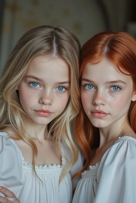 An image of beautiful Young s ôdtriplets with white skin , aquamarine eyes. That one has ash blond hair , another red hair and one has light brown hair . Let the background be in a castleLet it be a realistic photo.
