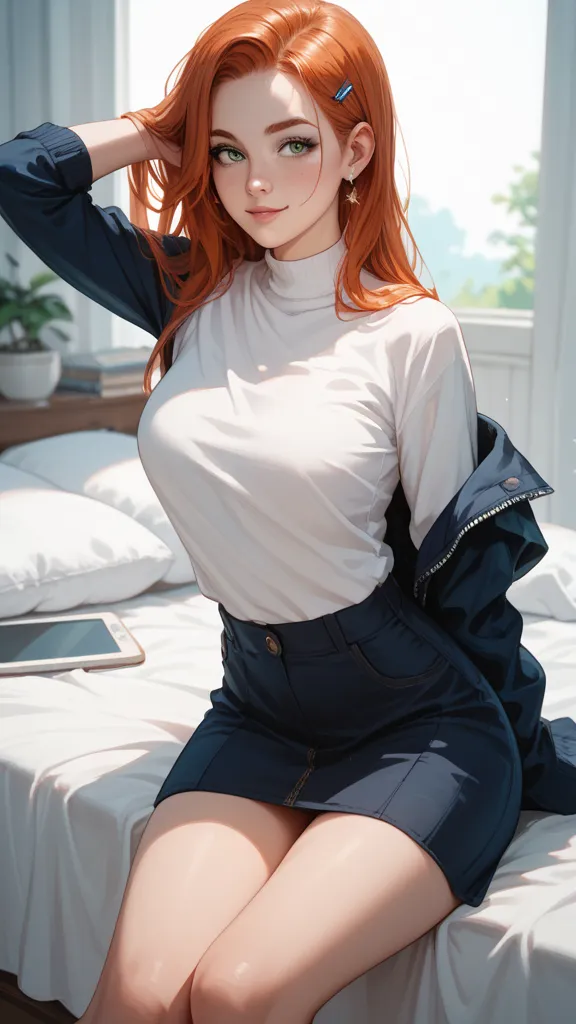 Redhead sexy anime girl lying on the bed cute one older than the other 