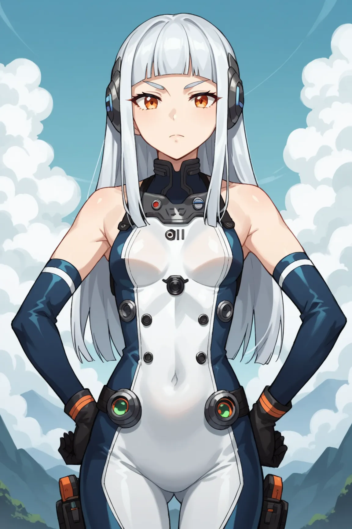 score_9, score_8_up, score_7_up,  source_anime, 2D,  1 girl,  white hair, long hair, detailed eyes,long hair, bangs, medium chest, gray hair, blunt bangs, orange eyes, gray eyebrows,  gloves, bodysuit, pilot suit, pilot suit, sleeveless, kind expression, v...