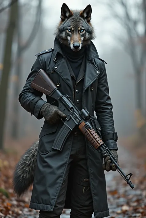 Ultra realistic full body art of a fully grown adult skinny slim dark grey male anthro wolf with a big bushy tail, some fur on his hands and claws on his fingers and blue eyes and wearing a black leather trench coat, a black turtle neck, black cargo pants ...