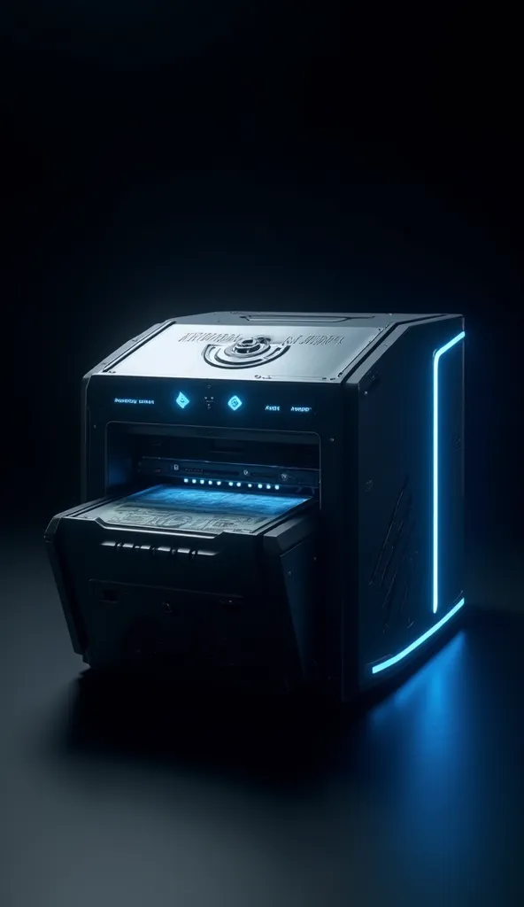 A futuristic money printer， blue as the main color，The background should be pure black。