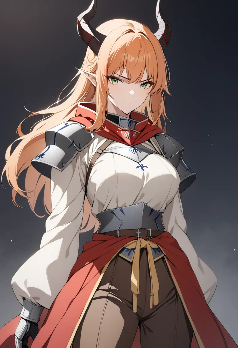 (1girl, Masterpiece, best quality) A mature elf female with (long length intense orange hair and sharp side-swept fringe). Neutral, sligthly serious expression. Her attire includes a red cloak with yellow trim that covers a hood (medieval-style red and gra...