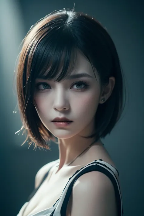 ( High Quality : 1.3),  cinematic shots, Masterpiece, ( sharp concentration on that detail: 1.5), ( photorealistic: 1.3), Medium Portrait (Beautiful young vampire woman,  blue-white skin, gothic, Still proud、Brave, Straight black short bob , dark appearanc...