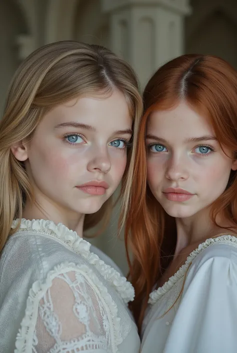 An image of beautiful Young s ôdtriplets with white skin , aquamarine eyes. That one has ash blond hair , another red hair and one has light brown hair . Let the background be in a castleLet it be a realistic photo.