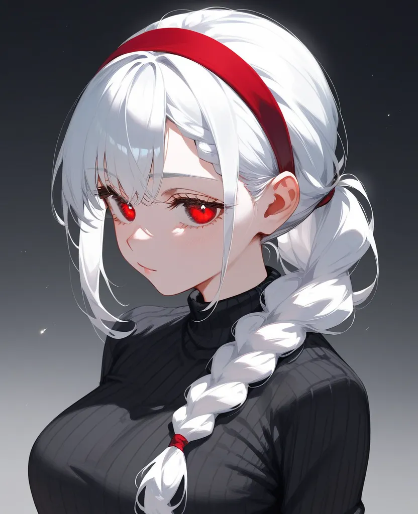 1 person,girl, , white hair,  White eyes,  , upper body,,,Closed bangs,breasts,Manga, ponytail,sharp edges,In The Naked Eye,,in red eyes,Black suit,shirt, Sweater,, irritation ,ขนWhite eyes,beautiful, red headband ,I braided my hair