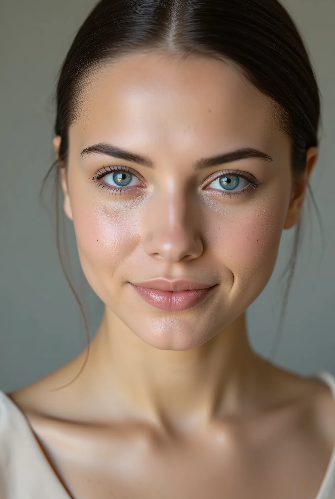 Ultra-detailed, hyperrealistic close-up portrait of a young woman with flawless, naturally glowing skin. Her striking blue eyes are vibrant and reflect soft light, with intricate iris details. Her full lips are slightly parted, appearing moist and naturall...