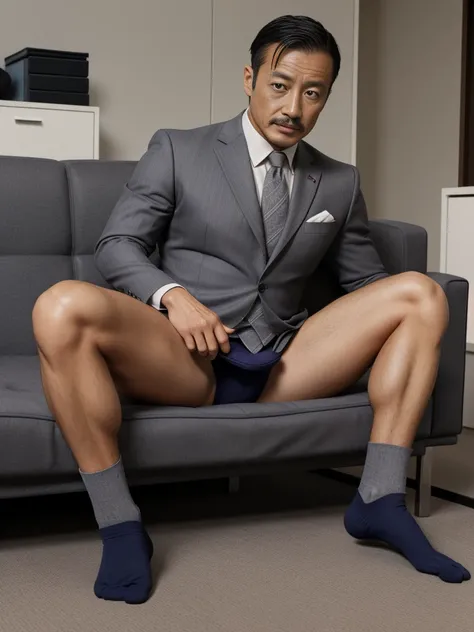 40 years old，Hidetoshi Nakata，（Kogoro Mori 1.3），whole body，Lean，muscle，office，grey socks，Suit，Feet raised，sofa，Baldhead ，transparent，Thick body hair，underwear，Topless，Densely hairy，Fortitude，HD，With a mustache