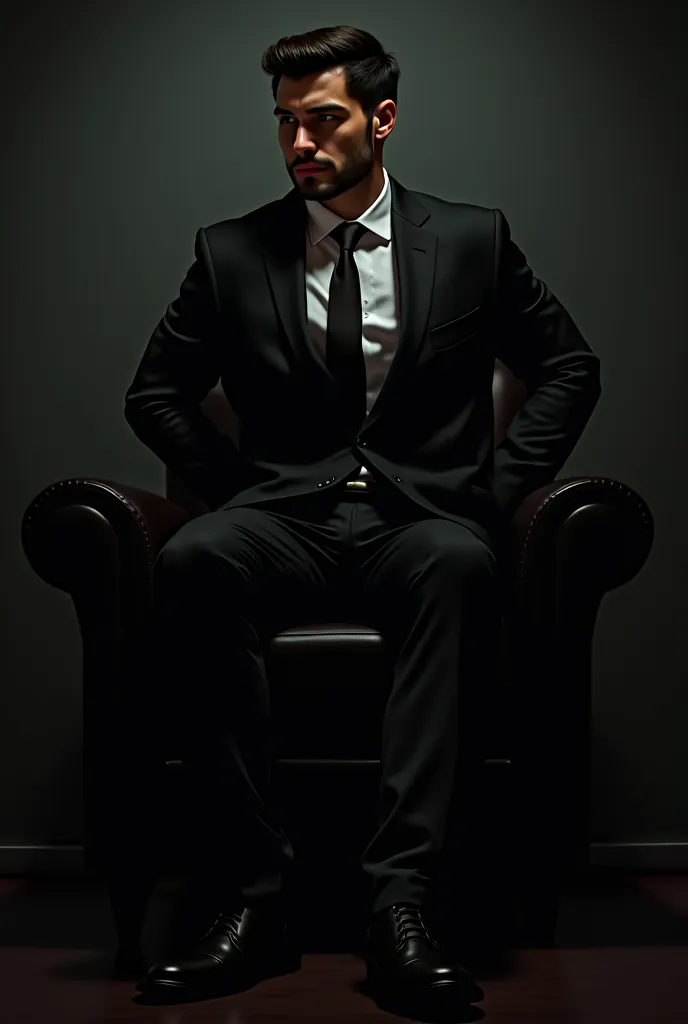 Handsome hunk with strong arms in black suit with a white collar shirt and black cap toe shoes sits on a chair with hands behind his back as he is tied and held captive in a living room at night