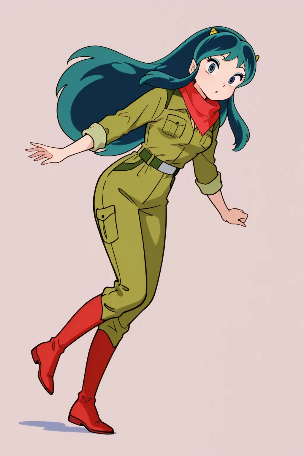 masterpiece, newest, Lum, green jumpsuit,red scarf,red boots 