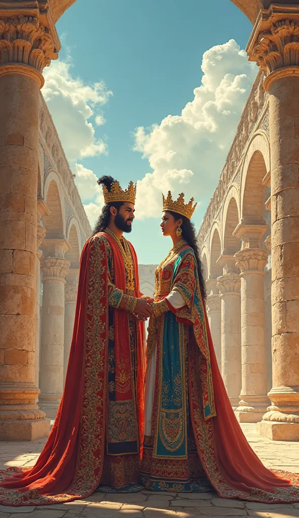 A king and queen wearing colorful traditional outfits, with ancient ruins and a bright sky.


