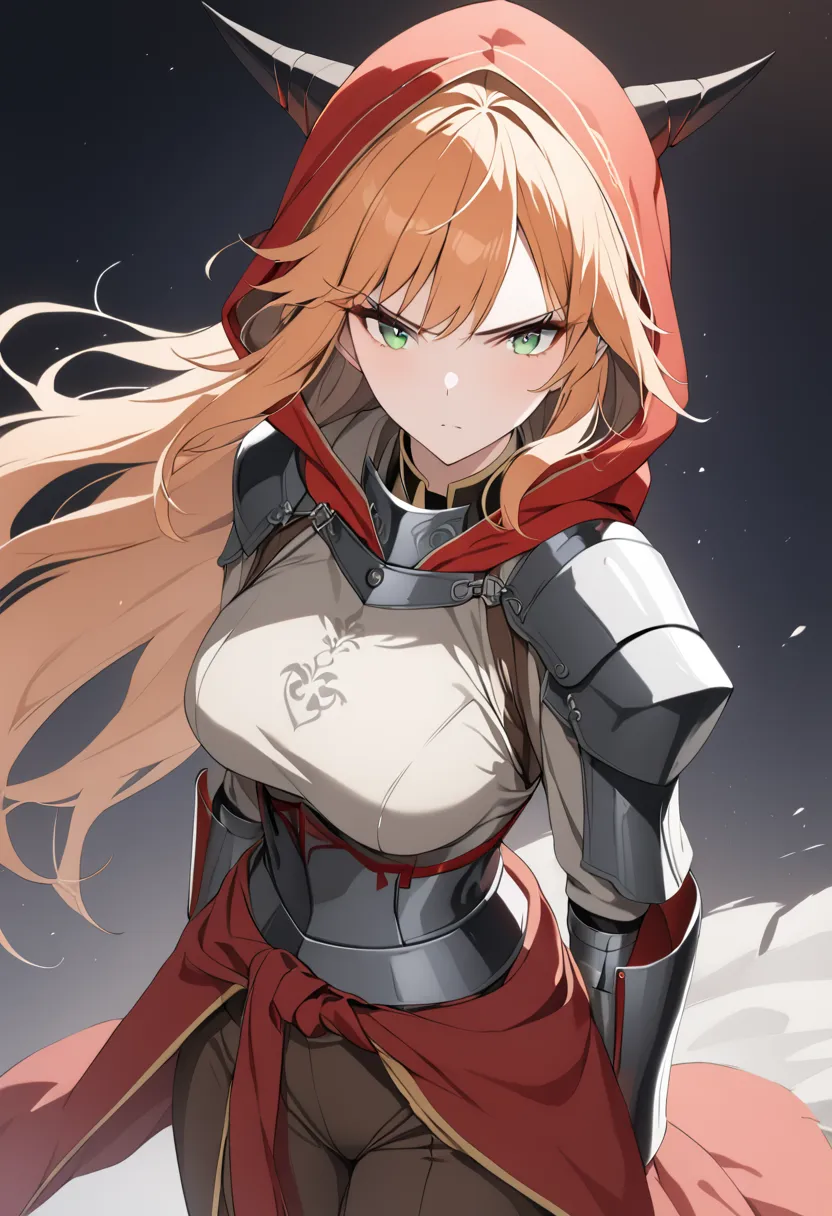 (1girl, Masterpiece, best quality) A mature elf female with (long length intense orange hair and sharp side-swept fringe). Neutral, sligthly serious expression. Her attire includes a red cloak with yellow trim that covers a hood (medieval-style red and gra...