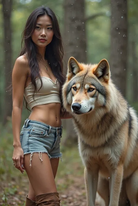  Visible from a distance,Very beautiful woman with asian face, with long hair,wearing cream sweeter wears mini skirt jeans,wearing boots is standing in the woods next to her stands a very large fluffy and very pretty wolf,woman's left hand holding the head...