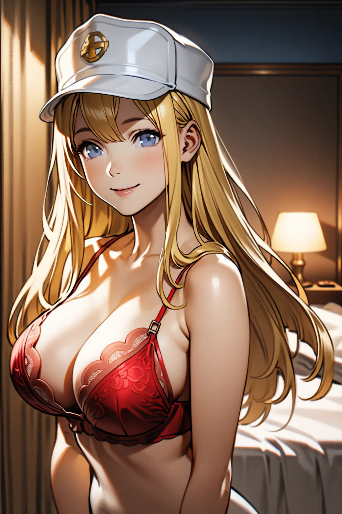 mintBase, a girl with white hat, long hair, blonde hair, blue eyes, large breasts, alone in a hotel bedroom at night in a cowboy shot. She’s clearly wearing only a red bra and red underwear, underwear only,smiling happily. 16K ultra-detailed, hyper-realist...