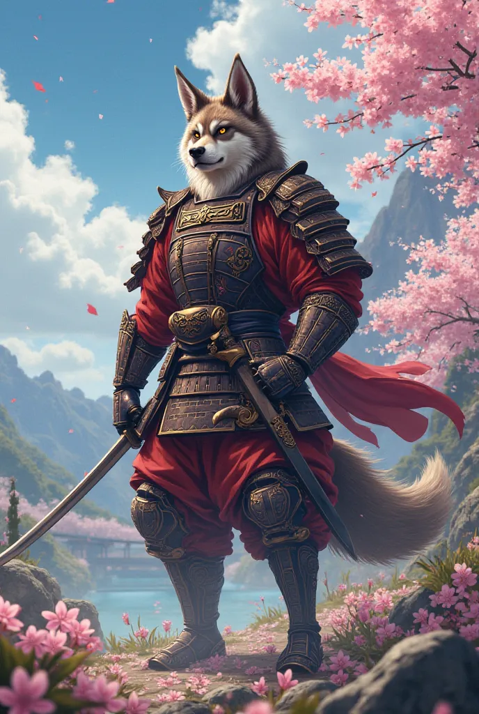 A anime Samurai dog holding a sword in hand and ready to fight