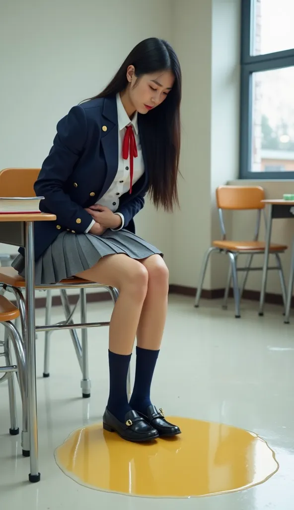 navy blue blazer with gold buttons on a white shirt, red ribbon on the chest,Gray pleated skirt that seeps out of water,navy blue high socks,Black school loafers,with long black hair,Neat Lady ,beauties,Get urinary incontinence while sitting on a classroom...