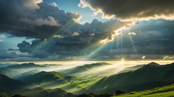 A dramatic, cloudy sky over an emerald-green valley, where light breaks through to illuminate patches of the landscape.