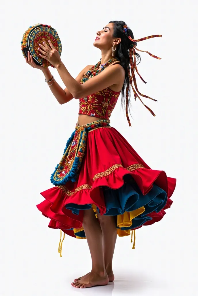  white background image. NOMADIC WOMAN SINGING USING A PAINTED TAMBOURINE FILLED WITH COLORFUL RIBBONS. TWO-PIECE CLOTHING RED AND GOLD BODICE AND SEVEN PROTRUDING RUFFLED SKIRTS. EACH STICK HAS A DIFFERENT COLOR. THEY FORM RUFFLES FROM THE WAIST TO THE FE...