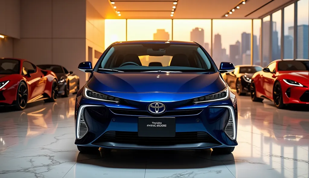  Front View – Slightly Tilted Angle (Luxury Showroom, Daytime, Full HD 8K)
"A brand-new Toyota Prius 2026 in a midnight blue metallic finish stands inside the world’s most luxurious and expensive car showroom. The sleek hybrid design is highlighted under g...