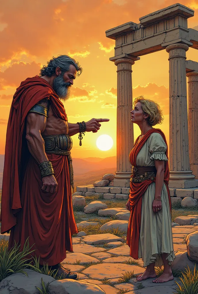 A comic drawning style picture, from a bold braunhair bearded hero, who pointing a sixty years old blond short hair woman. The women crying on the floor. And the setting is in front of a greek ruin at sunrise