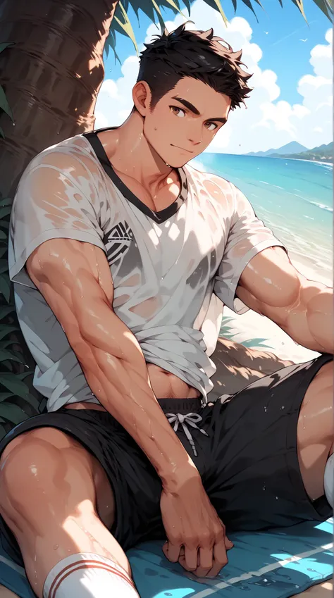 a handsome man,Black Hair,Abdominal muscles,brown eyes,wet white short sleeve,Sweatpants,seaside,Sunset,Sitting under a tree, There is a light yellow stain on the bottom of the white socks ,(( only one person))