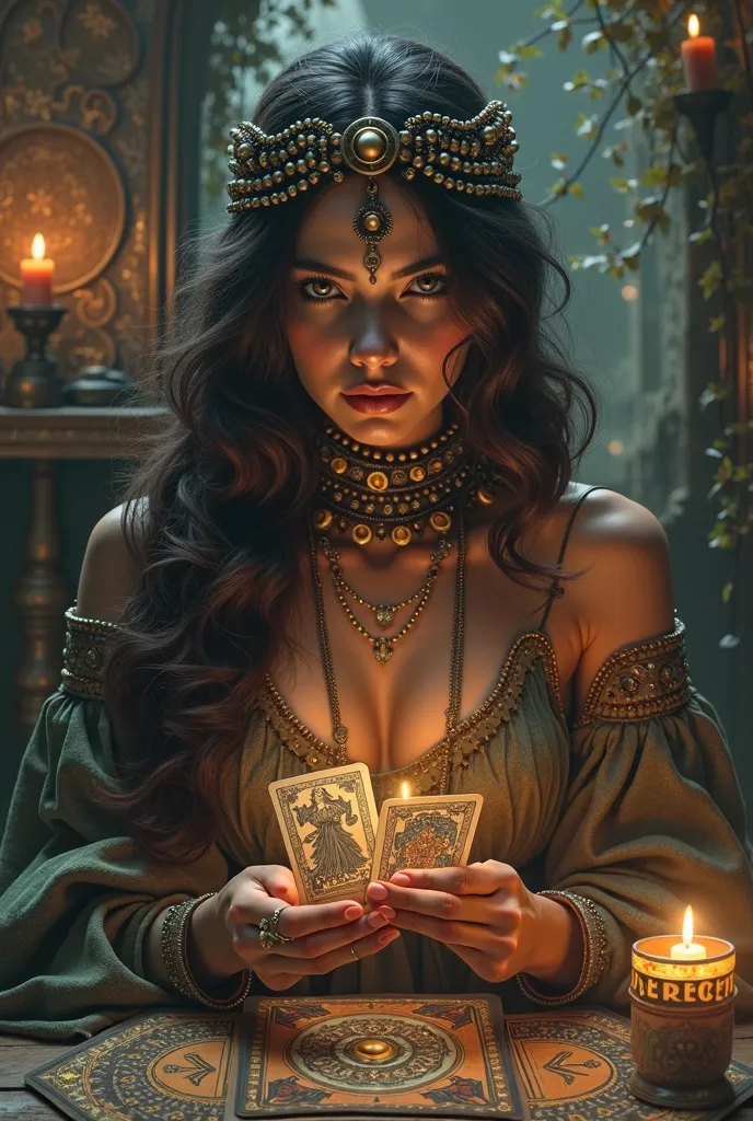 An image that represents a female AI who is dedicated to reading tarot, I could have gypsy characteristics without the cards in my hands