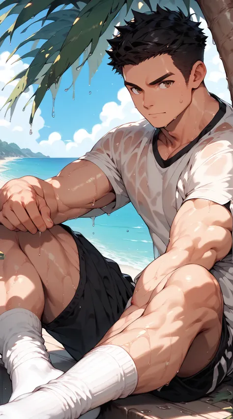 a handsome man,Black Hair,Abdominal muscles,brown eyes,wet white short sleeve,Sweatpants,seaside,Sunset,Sitting under a tree, There is a light yellow stain on the bottom of the white socks ,(( only one person)),Clear