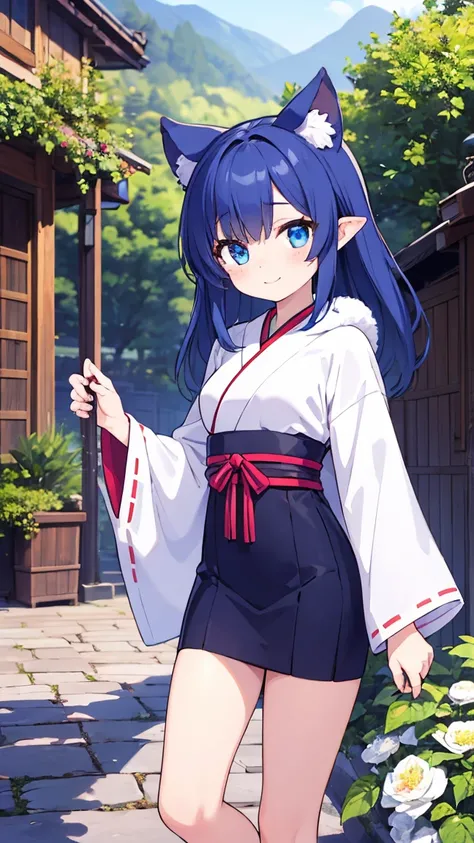 「female character with blue fur、have an elegant and fantastic atmosphere。Her ears are round、The tail is long、Glowing blue。The clothes she wears are Japanese-style costumes、with plants and scenery in the background、stand quietly in nature。Eyes are kind、has ...