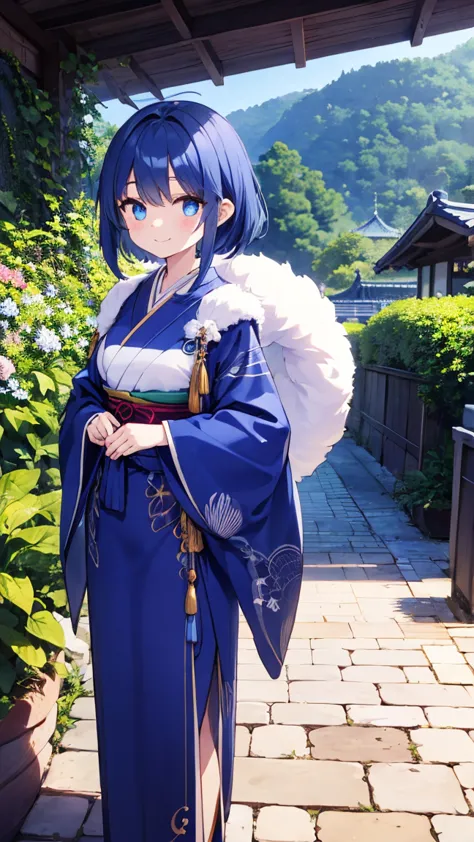 「female character with blue fur、have an elegant and fantastic atmosphere。Her ears are round、The tail is long、Glowing blue。The clothes she wears are Japanese-style costumes、with plants and scenery in the background、stand quietly in nature。Eyes are kind、has ...