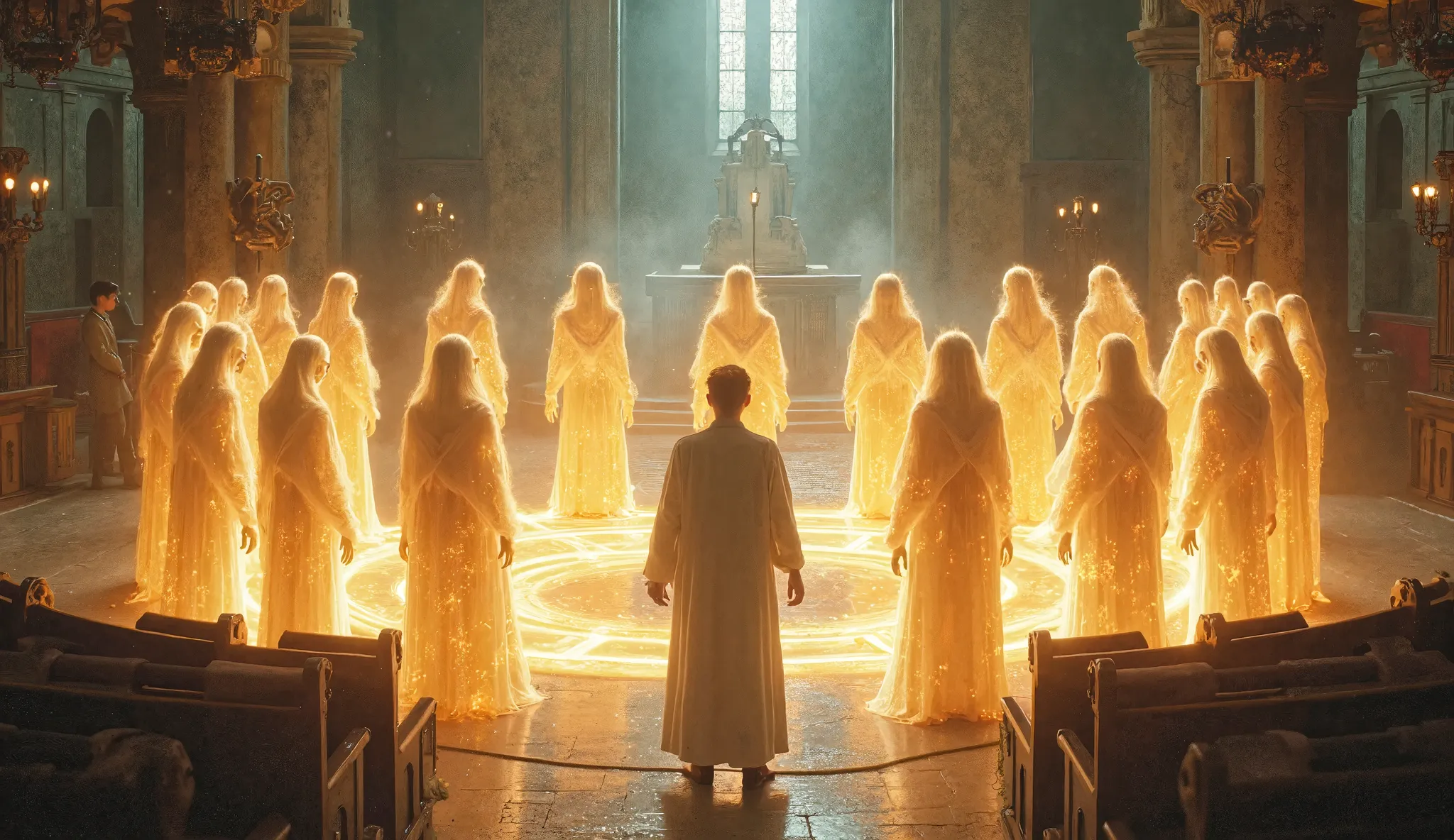 Description: A dramatic scene inside the church with multiple glowing figures—other Chosen—standing in a circle around the altar. Their bodies pulse with light, each figure radiating an intense, almost divine energy. Eliot watches them, his expression conf...