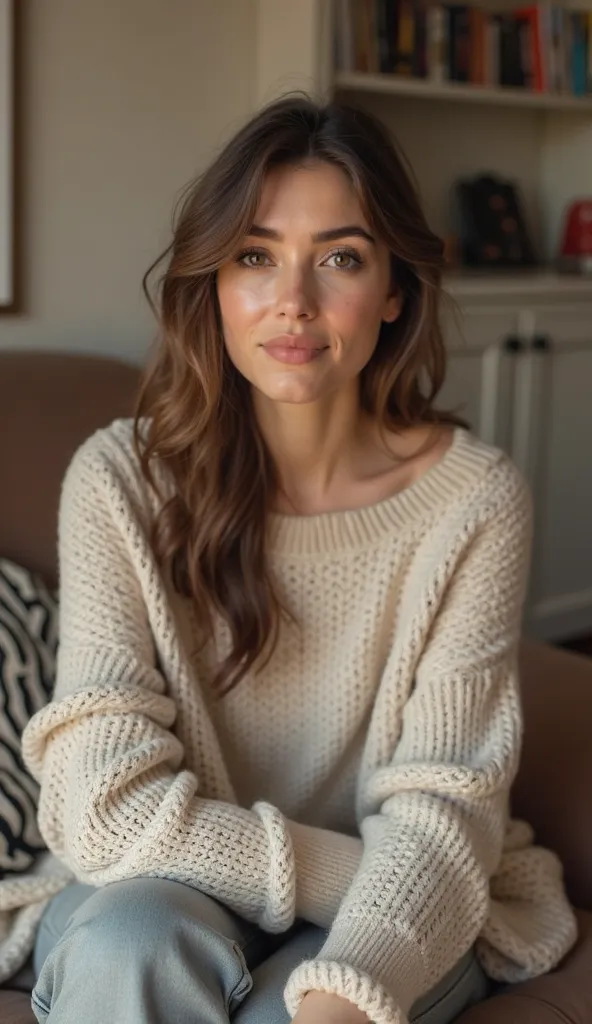 A 35-year-old woman with natural makeup, dressed in a long-sleeve sweater, sitting in a cozy living room.