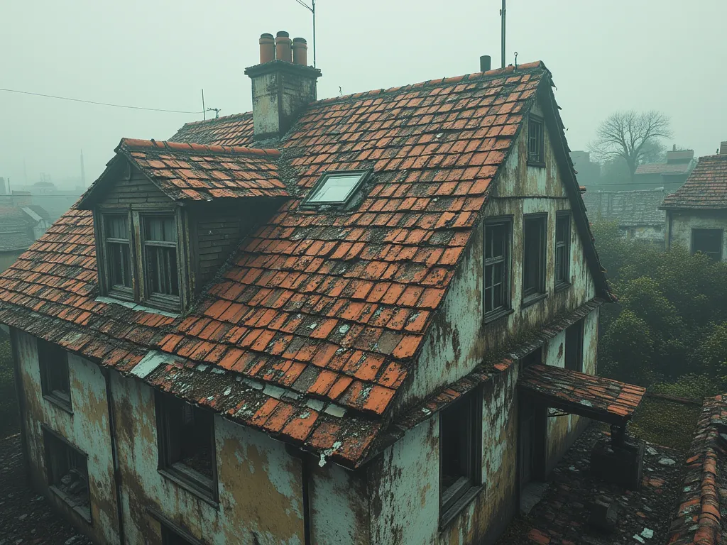 roof of the house. the tiles have peeled off, withered, some elements are missing, requires repair, no people in the frame