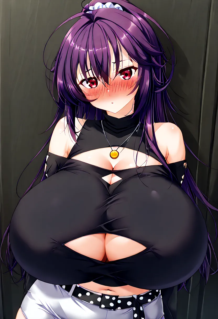 Mio_Casual, garnet eyes, long hair, purple hair, hair scrunchie, ponytail, white skirt, jewelry, necklace, miniskirt, pencil skirt, belt, polka dot bow, midriff, black shirt, clothing cutout, off-shoulder shirt,full-body shot blush Big breasts Huge breasts...