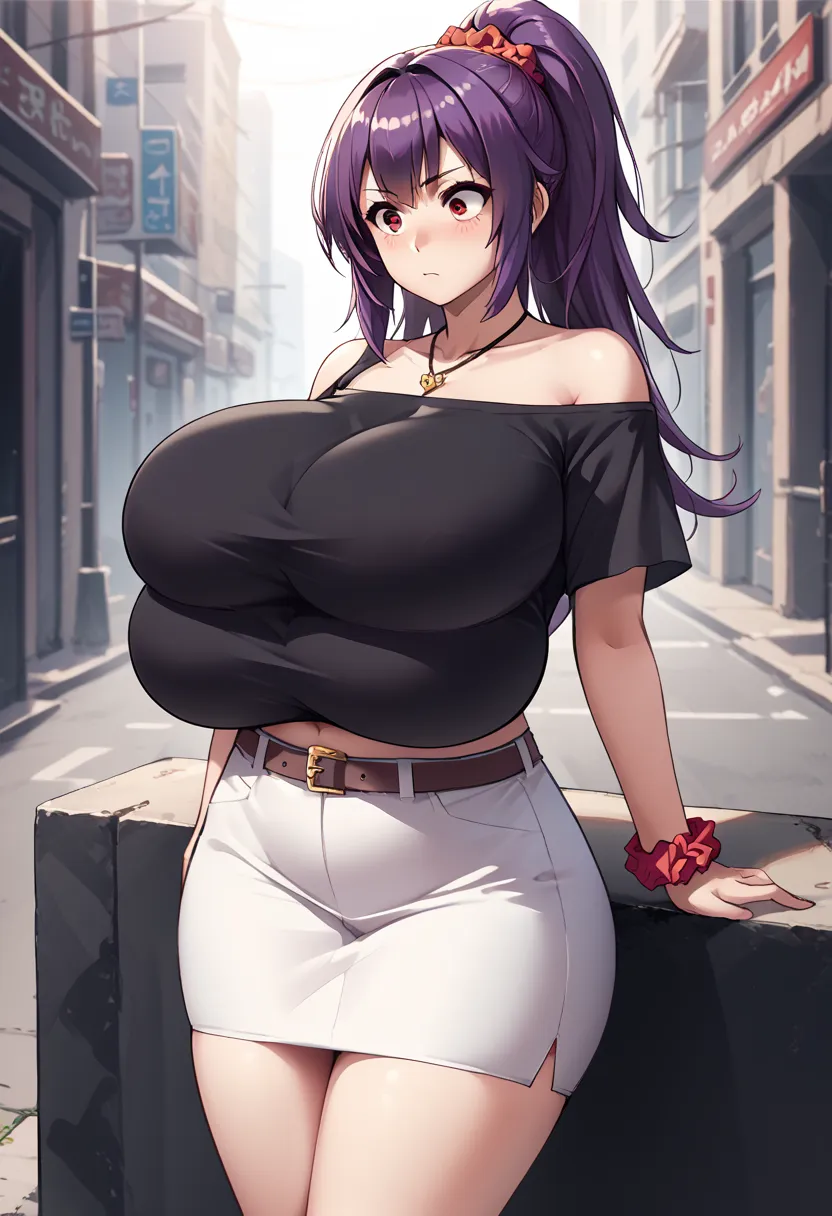 Mio_Casual, garnet eyes, long hair, purple hair, hair scrunchie, ponytail, white skirt, jewelry, necklace, miniskirt, pencil skirt, belt, polka dot bow, midriff, black shirt, clothing cutout, off-shoulder shirt,full-body shot blush Big breasts Huge breasts...