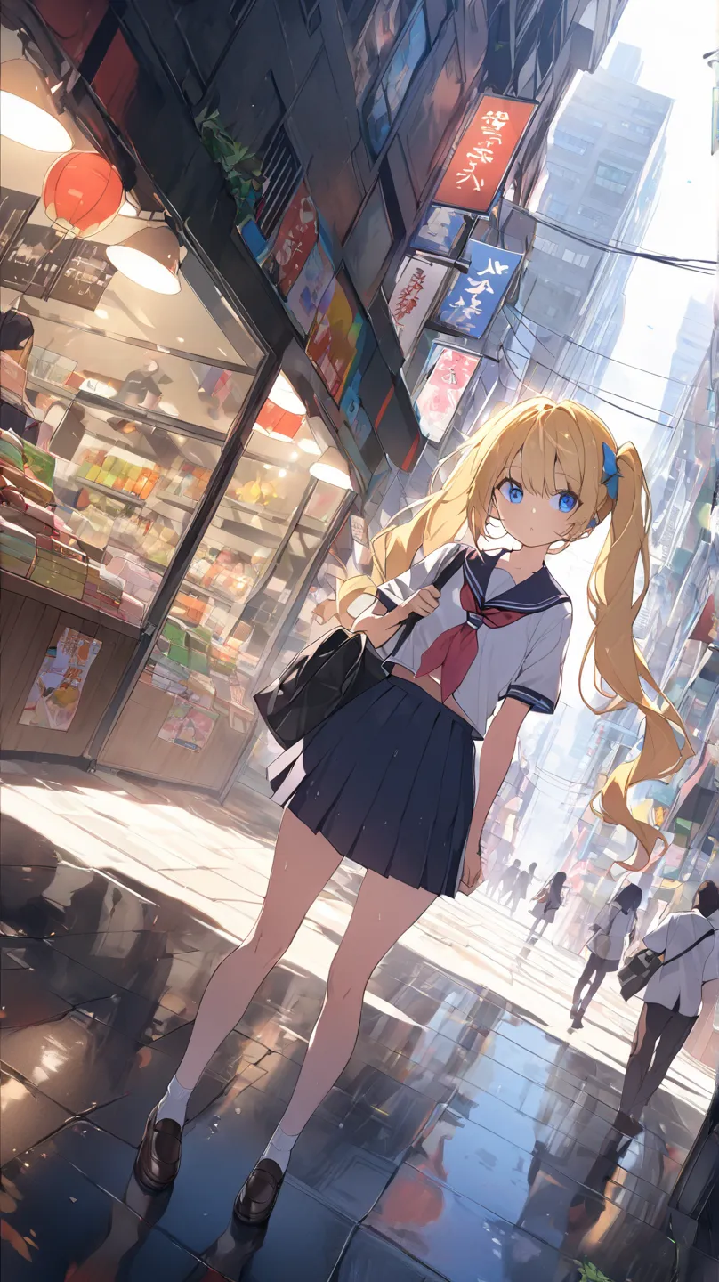 1 girl, A dim urban shopping street、Tall buildings、heavy rain、school uniforms、summer、blue eyes, yellow hair、Twin Ponytail、dutch angle, wide angle、Wide angle、silhouette、