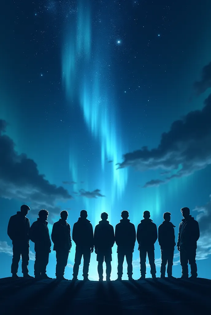 a northern night sky with 8 men silhouette